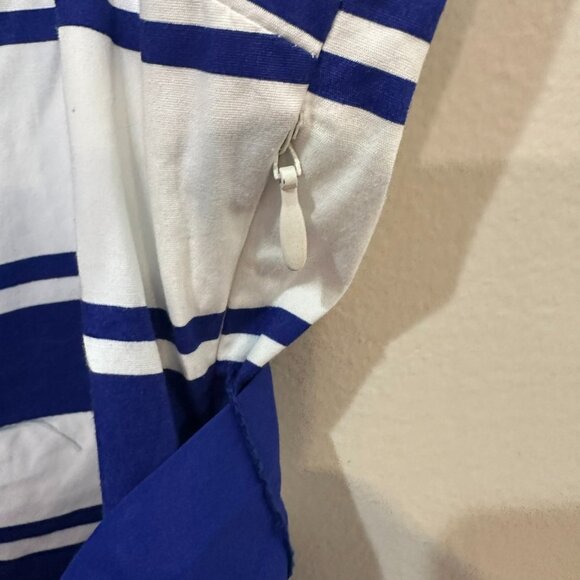 Milly Dress White Navy Stripes Size 14 Sleeveless Belt Button Front Pockets - Picture 7 of 10
